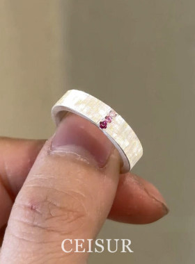 vintage银色拉丝渐变粉钻戒指女