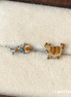 棕色系可爱小猫鱼干耳钉独特百搭
