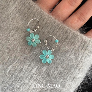 甜酷耳饰不掉色 森系清冷感薄荷绿花朵耳扣女夏日小清新设计感个性