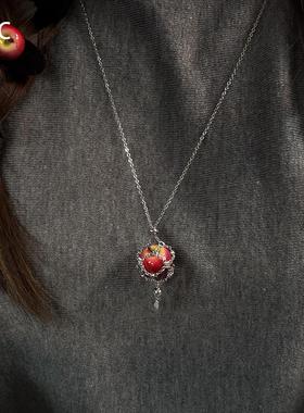 冷淡系红苹果闪钻水滴项链高级感