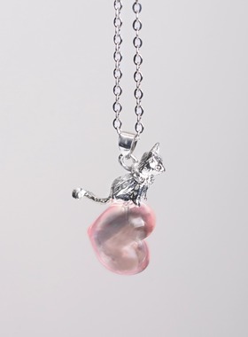 S925纯银粉色桃爱心小猫咪项链女