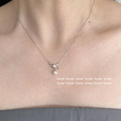 s925银蝴蝶结珍珠项链女吊坠颈链