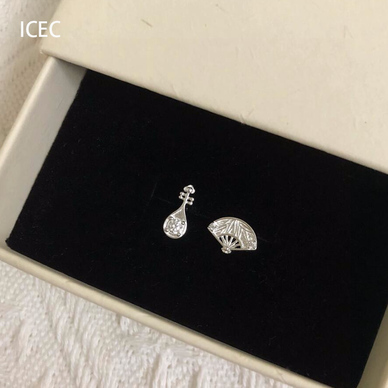 S925纯银不对称琵琶扇面耳钉女轻奢小众设计高级感耳环独特耳饰夏