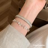 新中式 中古拉丝花朵闪钻手链女款 轻奢小众精致高级感素圈手镯手饰