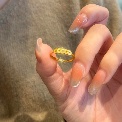 S925纯银古法沙金五帝钱币戒指女