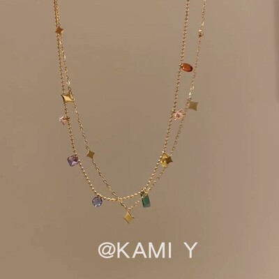 法式双层叠戴星星彩色仿锆石项链