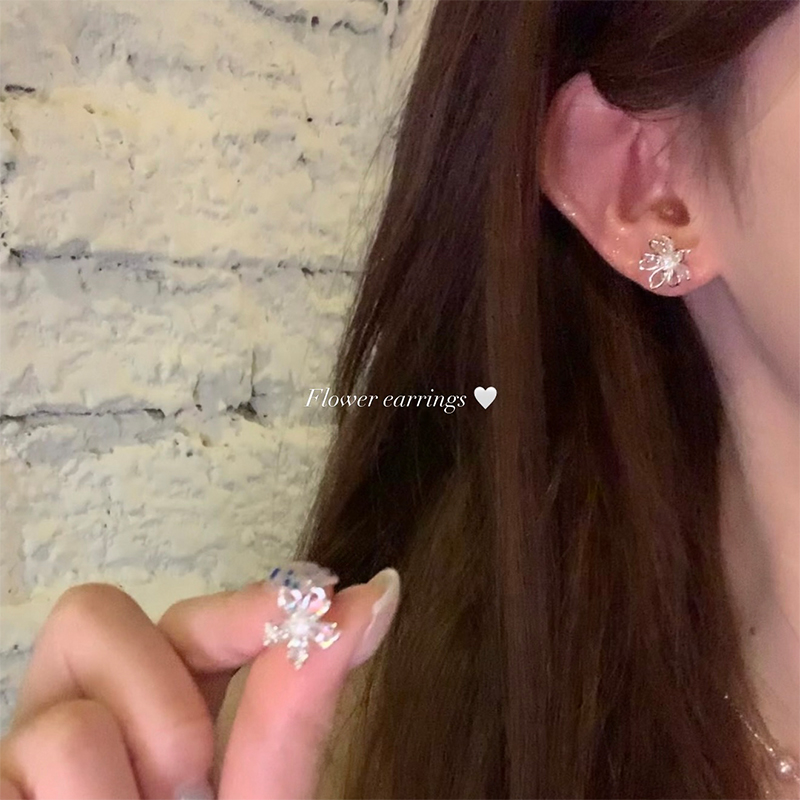 S925纯银镂空闪锆花朵耳环轻奢女