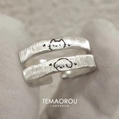 手工拉丝银色线条小狗戒指可爱趣味卡通食指戒个性 情侣对戒指环 款