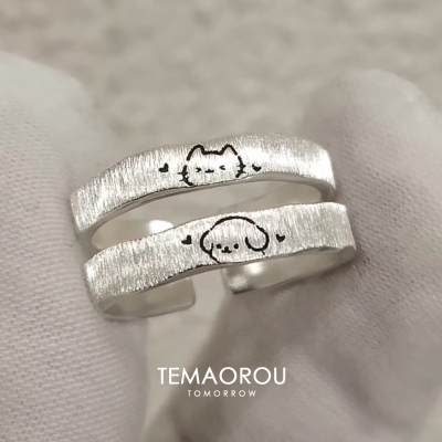 手工拉丝银色线条小狗戒指女可爱