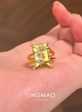 橄榄绿石双环金色戒指小众高级感