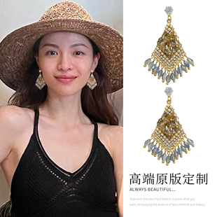 S925纯银钟楚曦同款水晶流苏耳环复古民族风夏日海边度假小众耳饰