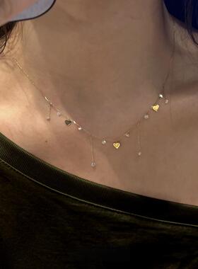 复古金色爆闪爱心流苏项链高级感