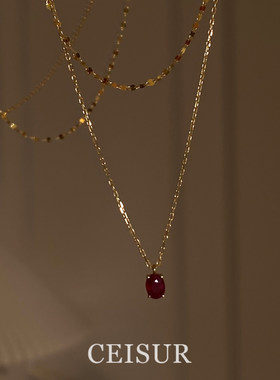 法式复古鸽血红吊坠项链简约轻奢