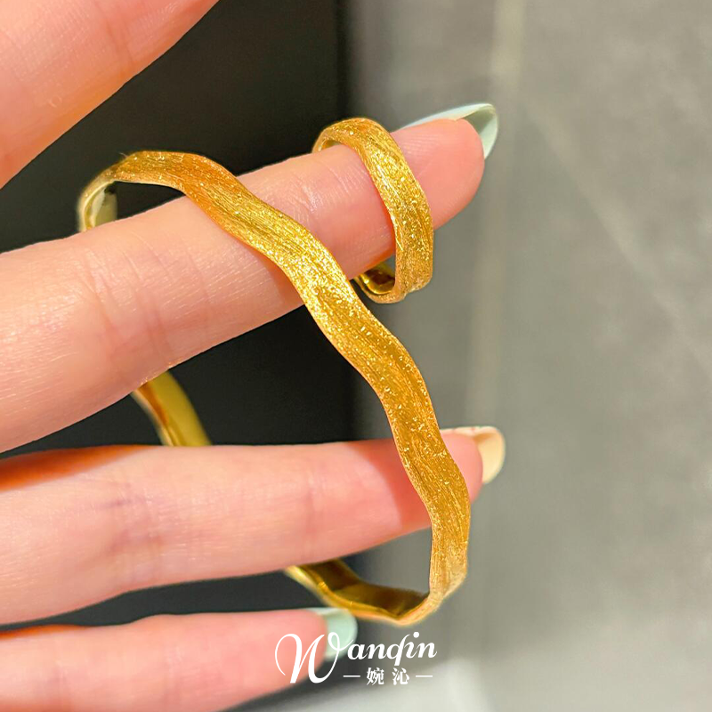 S925纯银金色拉丝素圈戒指女尾戒