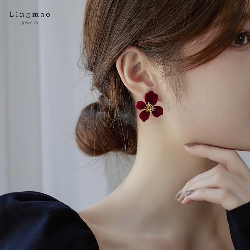 红色花朵耳环女S925纯银轻奢耳钉