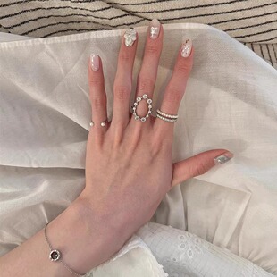 韩系叠戴椭圆戒指女小众设计高级感仿珍珠排钻食指戒精致百搭指环