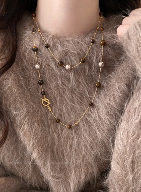 美拉德复古仿虎眼石珍珠串珠项链