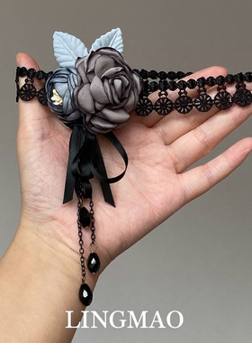 黑色蕾丝森系双花朵项圈独特漂亮