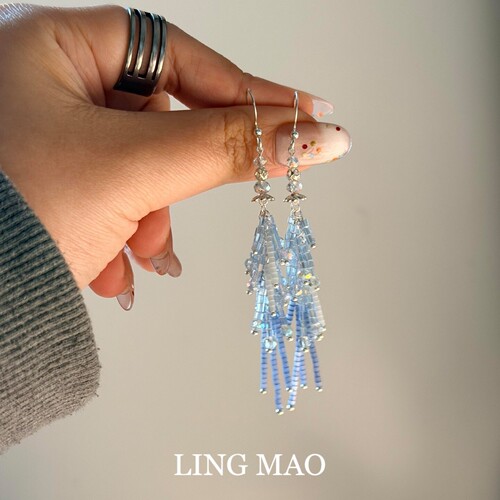 蓝色琉璃串珠流苏耳环时尚耳饰女