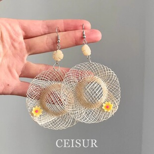 S925纯银花朵编织草帽耳环夏日海边度假风独特耳钉轻奢高级感耳饰