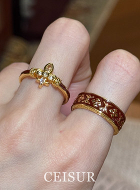 复古红色滴油鸢尾花戒指轻奢高级