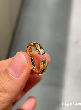 S925纯银金色点钻素圈戒指复古小众设计开口食指戒轻奢高级感指环