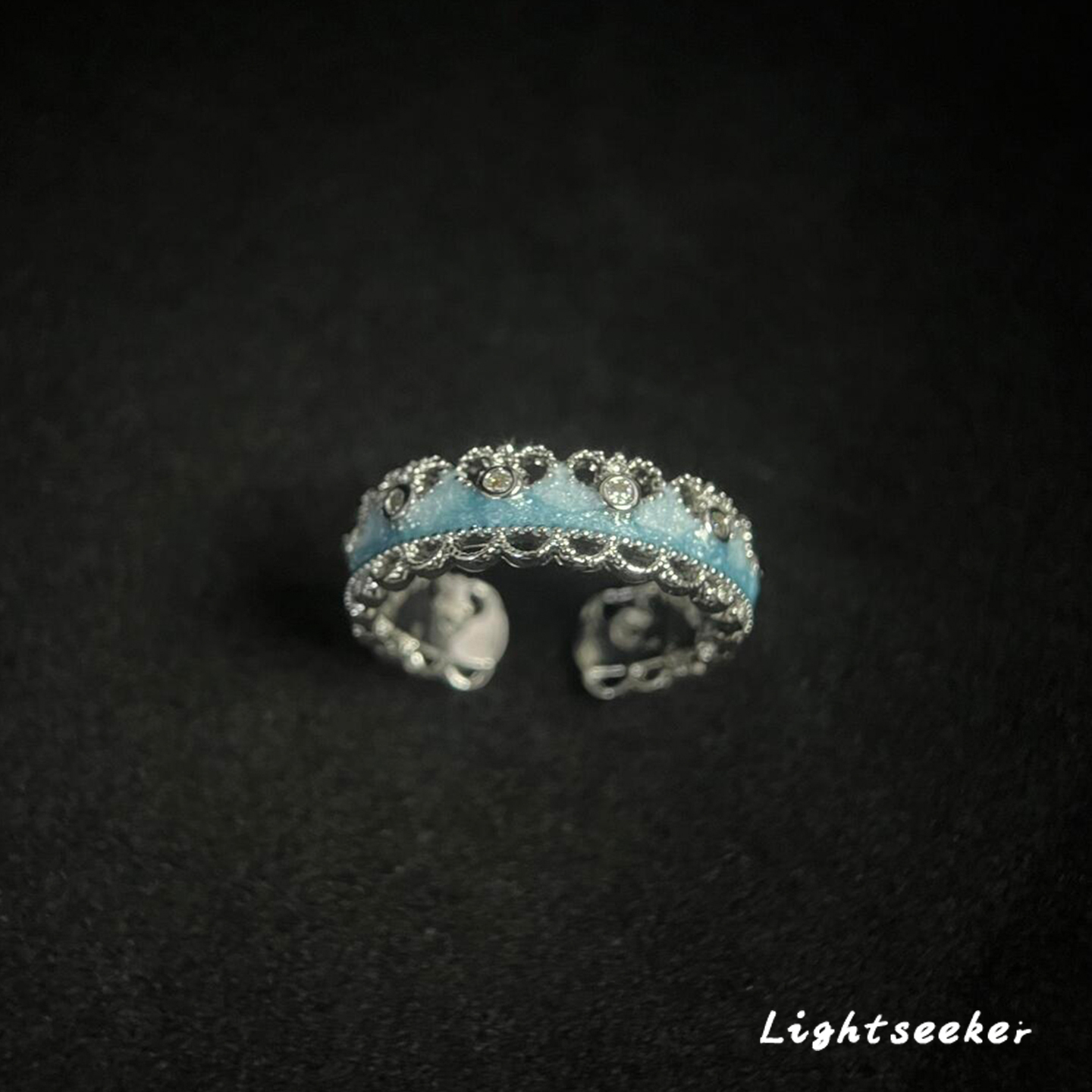 新中式渐变蓝蕾丝花边戒指高级感