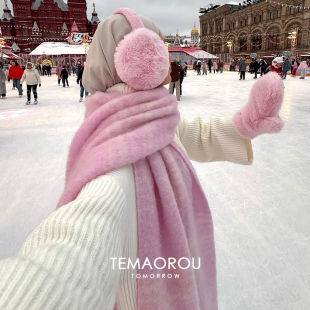 韩系ins风蜜桃粉大号围巾冬季雪地氛围感加厚保暖显白防风耳罩女