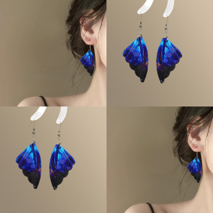 法式 孔蓝蝴蝶耳环女轻奢小众高级感耳钩度假风夸张显脸小耳饰气质