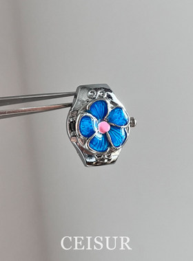 复古蓝色滴油花朵表盘戒指高级感