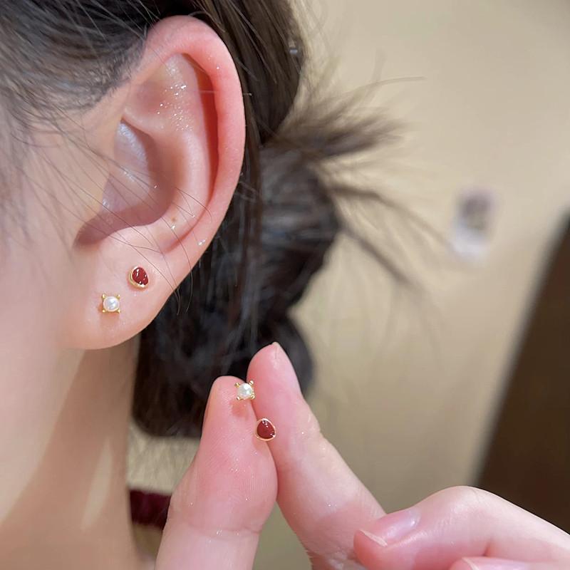 S925纯银针红豆珍珠耳钉女四件套