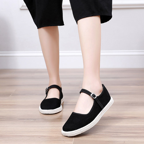 夏季灯芯绒黑色方口布底鞋