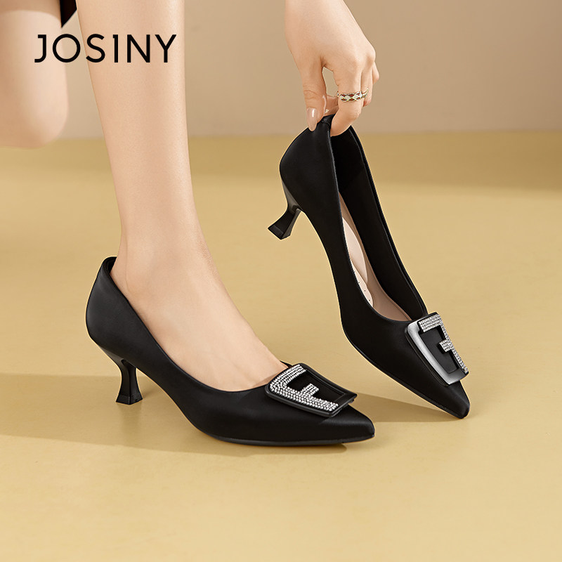 卓诗尼黑色水钻蝴蝶结高跟鞋2025年秋季新款尖头气质女神范单鞋女