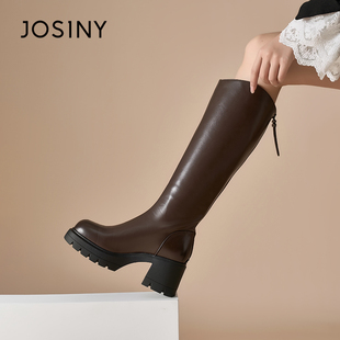 卓诗尼骑士靴女2025秋冬新款 v口皮靴高跟不过膝小个子靴子长筒靴