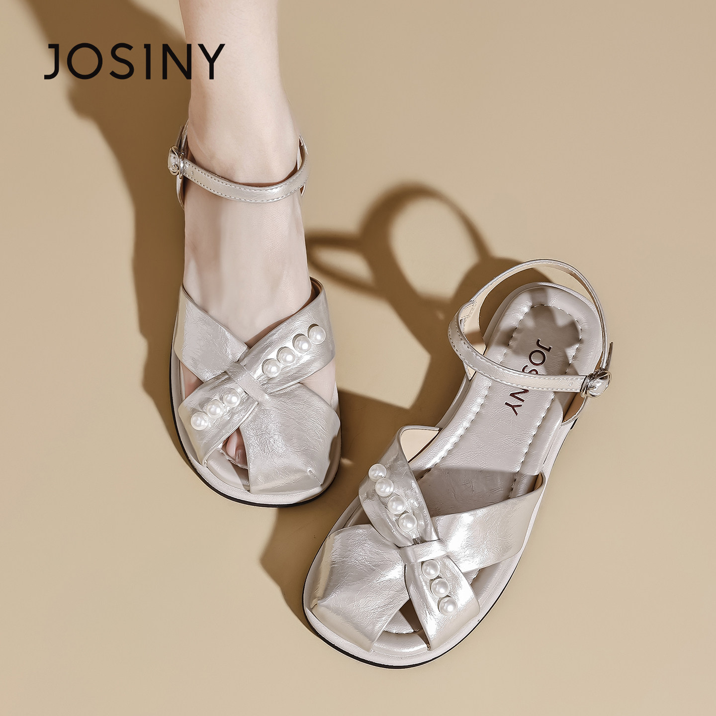 卓诗尼凉鞋女2026夏季新款法式复古珍珠蝴蝶结外穿百搭配裙子鞋子