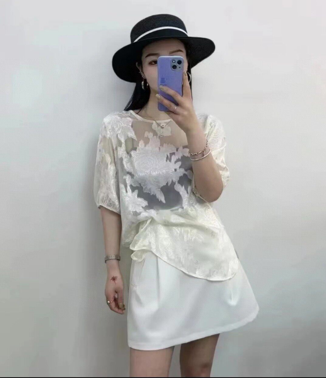 高端欧货真丝衬衫2024春夏新款定制真丝乔其剪花时尚百搭衬衫上衣