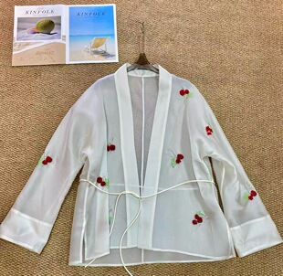 欧货100%真丝欧根缎面料重工手工钉珠法绣小荔枝减龄百搭防晒外套