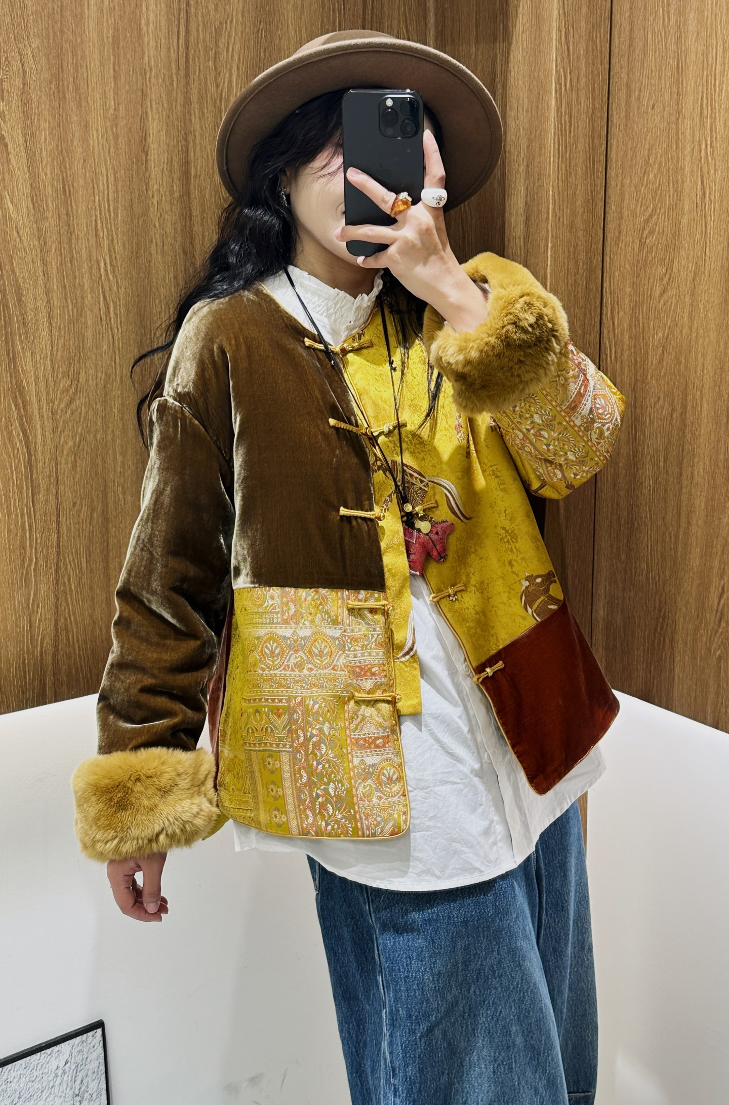 欧货新款定制真丝丝绒拼接提花面料加棉拼濑兔毛国风棉服外套