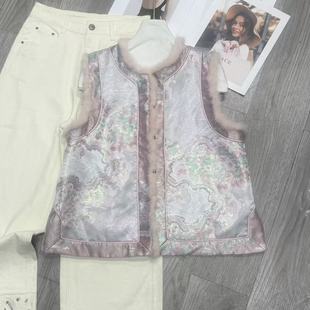 欧货新款定制真丝交织宋锦面料新中式提花拼水貂毛国风马甲