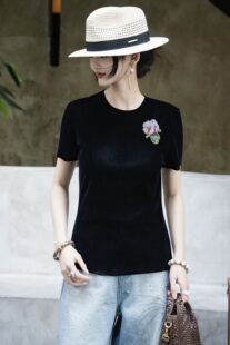 欧洲站植绒上衣新款立领重工钉钻百搭显瘦套头款丝绒短袖女潮T恤