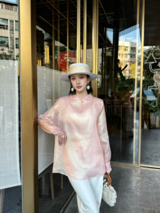 欧货100%桑蚕丝彩金欧根缎面料新中式提花轻国风百搭衬衫上衣