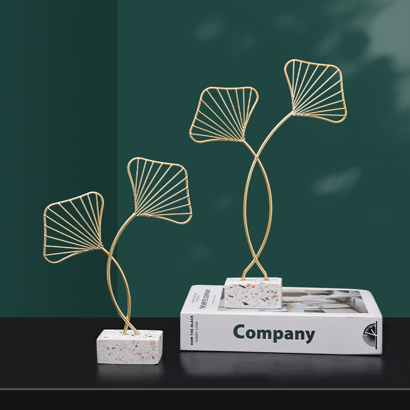 水磨石底烤漆工艺上色铁艺银杏叶家居摆件酒店民宿前台桌面装饰品