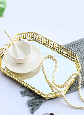 轻奢北欧风格玻璃镜子收纳托盘卧室梳妆台装饰品铁艺合金花边装饰