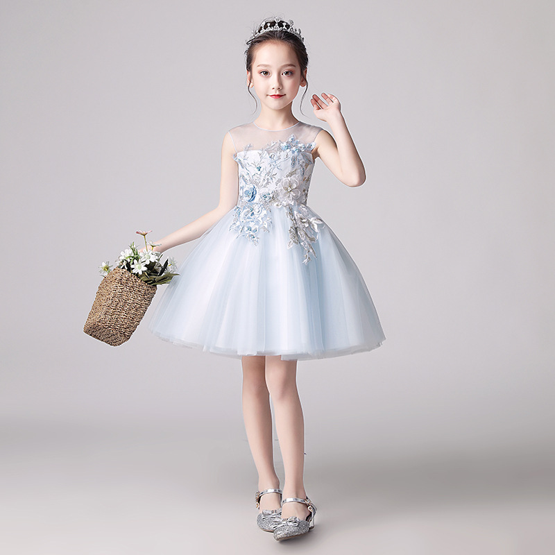 蓝色超仙气质短裙公主裙女大童生日宴会钢琴主持人走秀合唱表演服