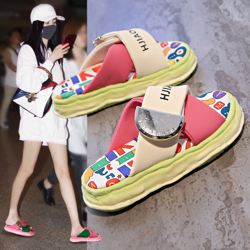 厚底拖鞋女夏外穿涂鸦小众一字拖