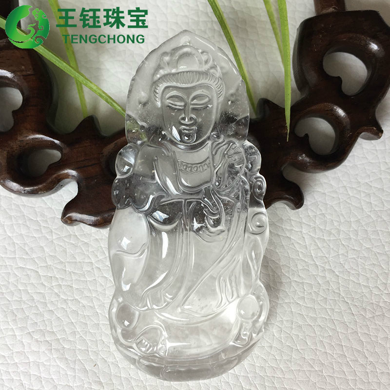 缅甸天然A货水沫玉石观音站观音玻璃种荧光玉坠水沫子吊坠挂件