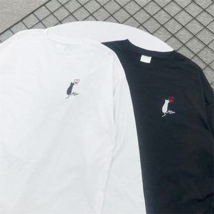 小武出品日系猫爱心刺绣春秋季圆领长袖T恤男女休闲宽松落肩袖潮