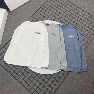 小武出品日系牛仔布贴块春秋季圆领长袖T恤男女休闲宽松落肩袖潮