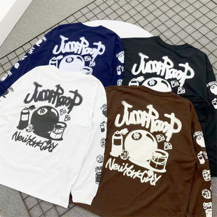 小武出品日系字母刺绣涂鸦春秋季圆领长袖T恤男女休闲宽松落肩袖