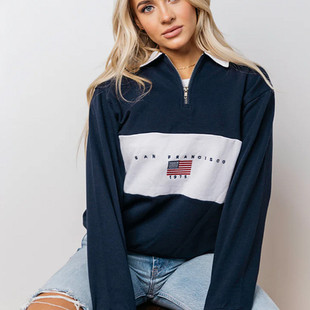 小武出品米国刺绣春秋季翻领半拉链加绒卫衣女休闲宽松落肩袖外套